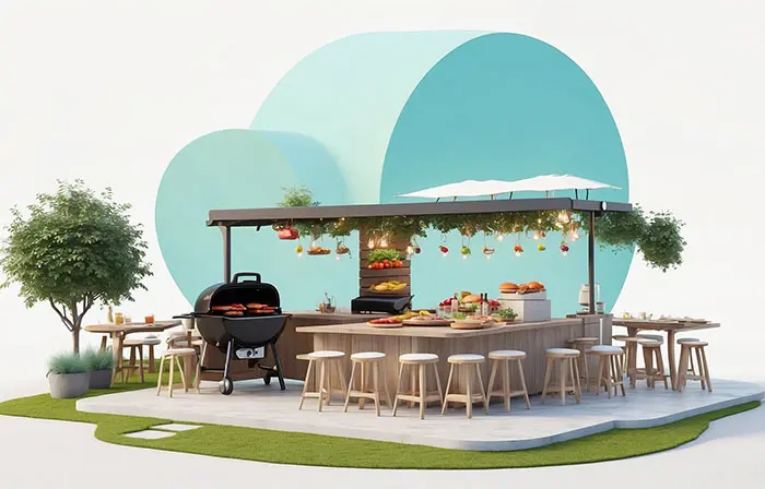 Outdoor Entertainment Area with a Built In Barbecue 3D Art Illustration